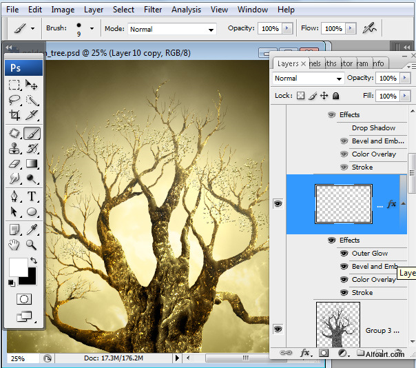 Golden apple tree. Magic scene. Adobe Photoshop Tutorial.